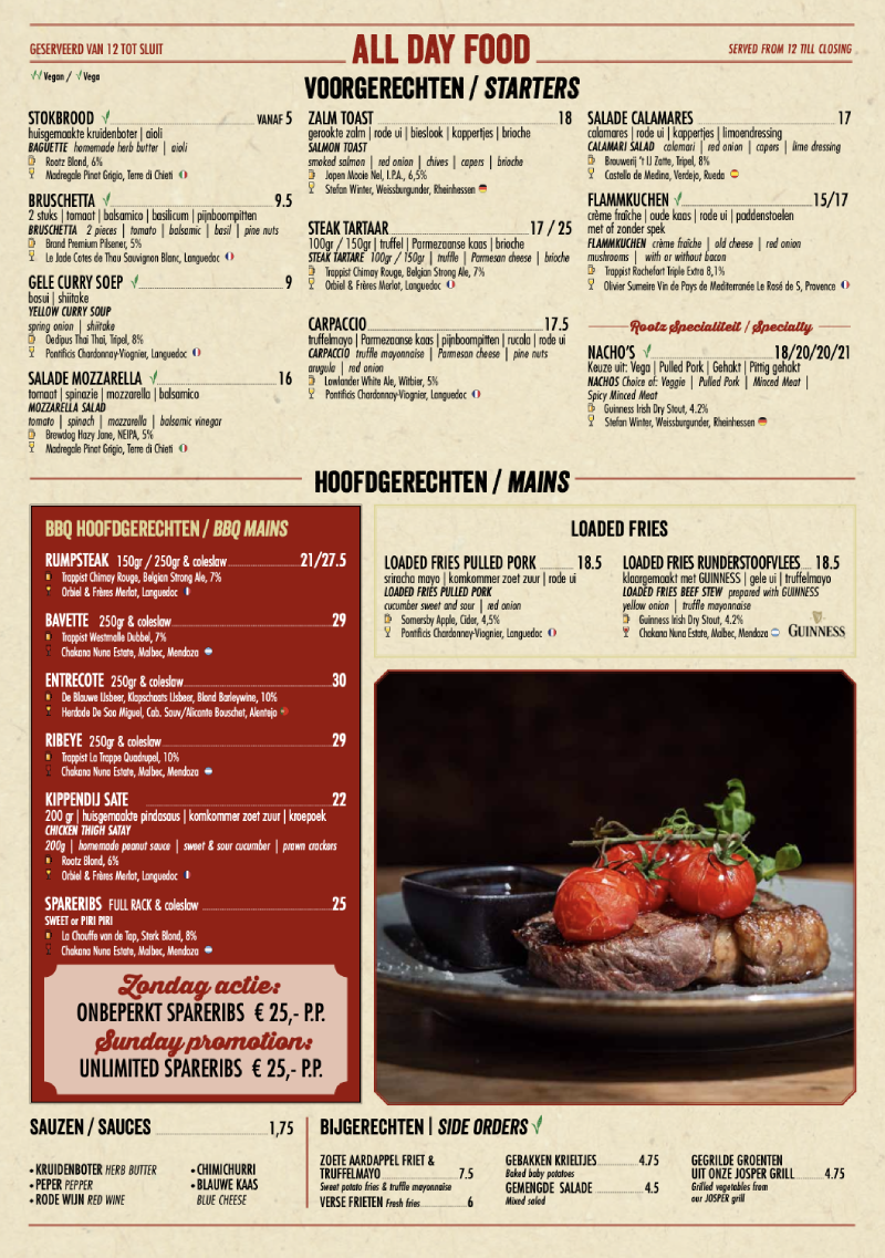 Menukaart Rootz Den Haag