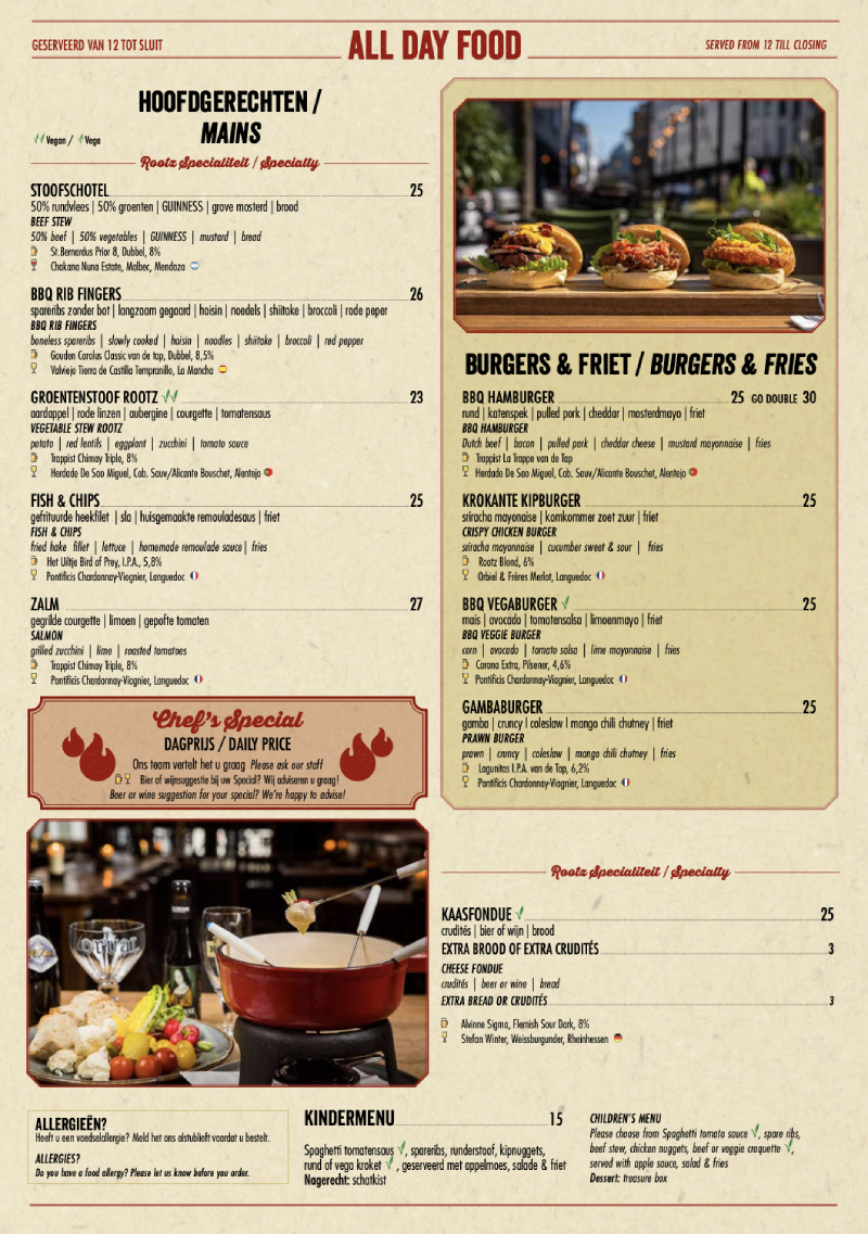 Menukaart Rootz Den Haag