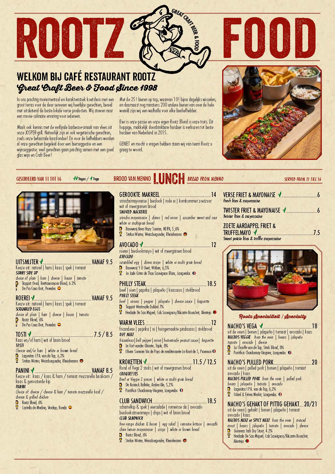 Menukaart Rootz Den Haag