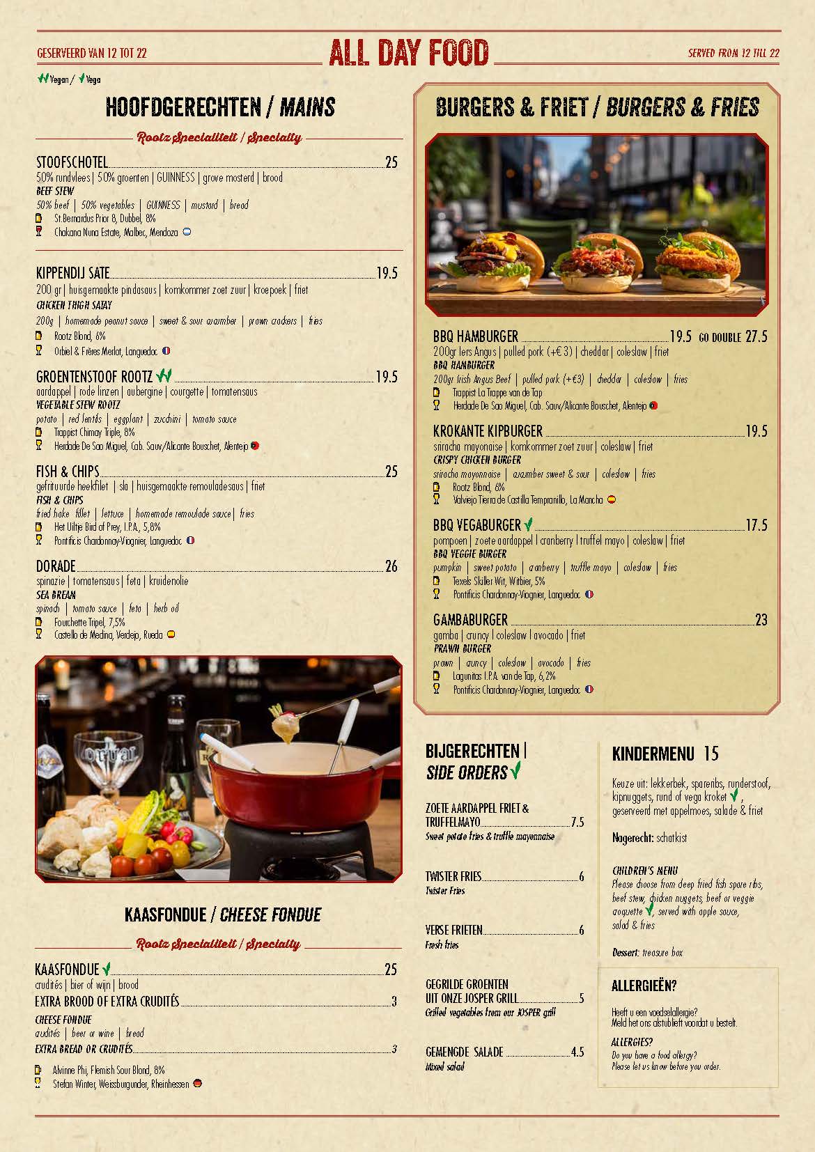 Menukaart Rootz Den Haag