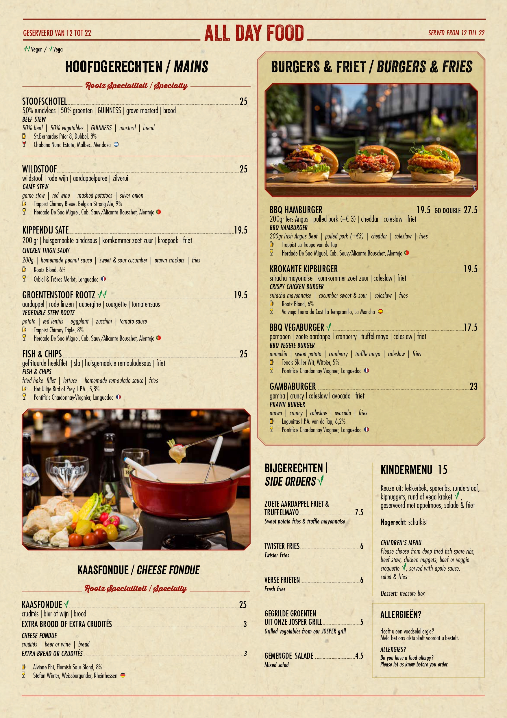 Menukaart Rootz Den Haag